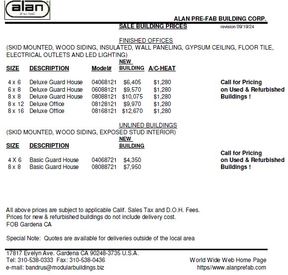 Price list for standard model portable buildings and mobile offfices. Skid mounted. California.